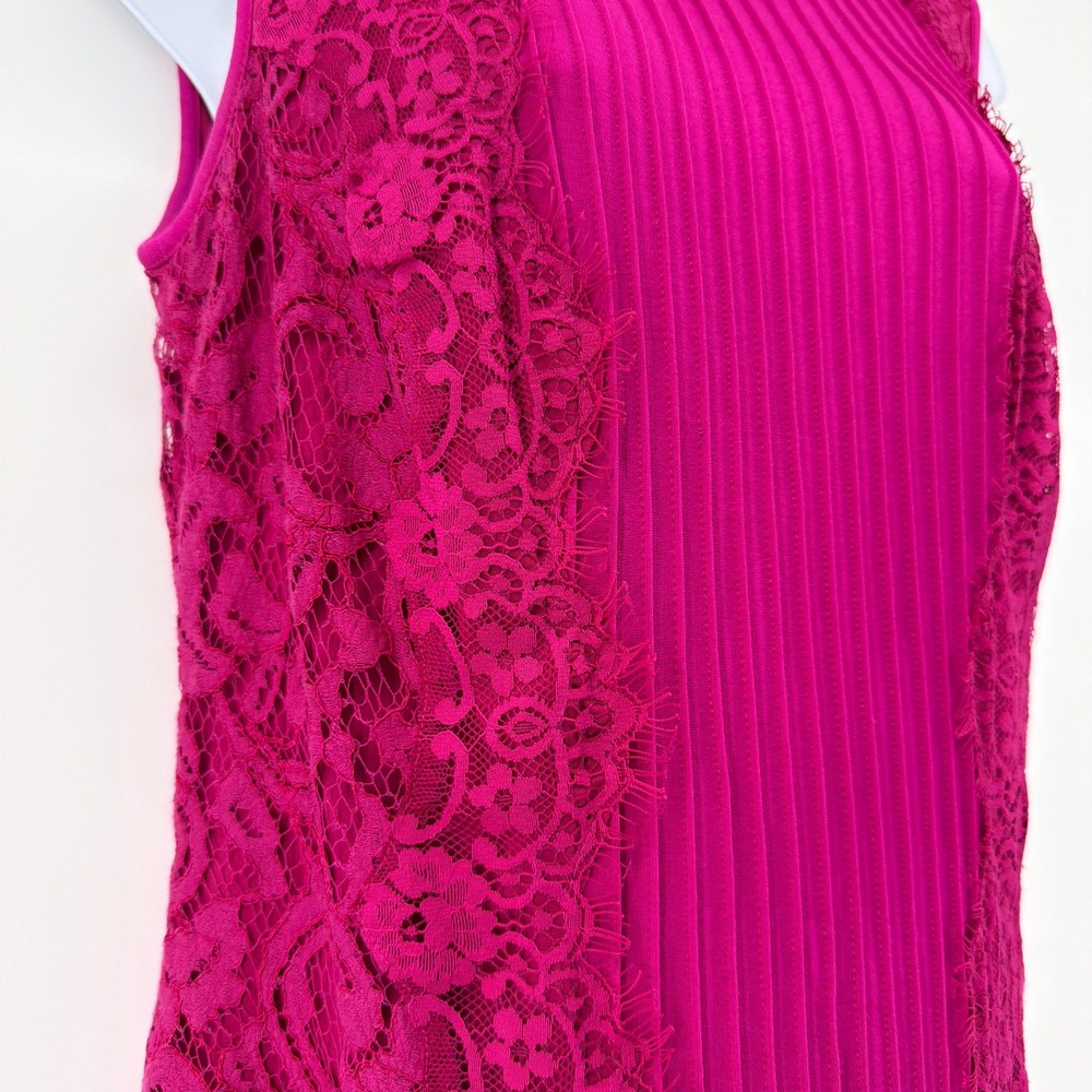 Tadashi Shoji Magenta Pink Pleated Lace Panel Sheath Cocktail Dress Medium M - Picture 3 of 9